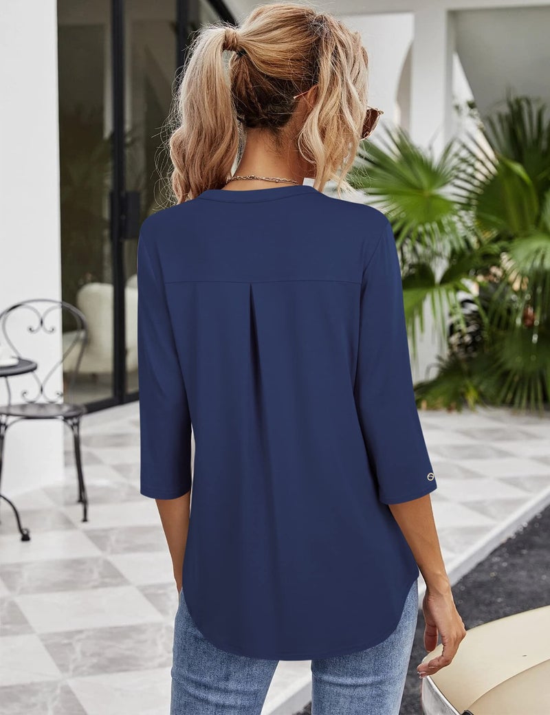 VALOLIA Women's 3/4 Sleeve Tops & Blouses - Plus Size Tunic Tops for Dressy Casual & Formal Wear - Blue Dress Shirts & Office Blouses - Image 2